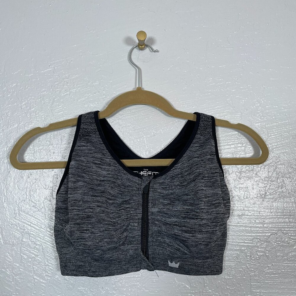 SHEFIT Women Luxe Graphite Gray Lounge Sports Bra Zip Front Racerback Seamless